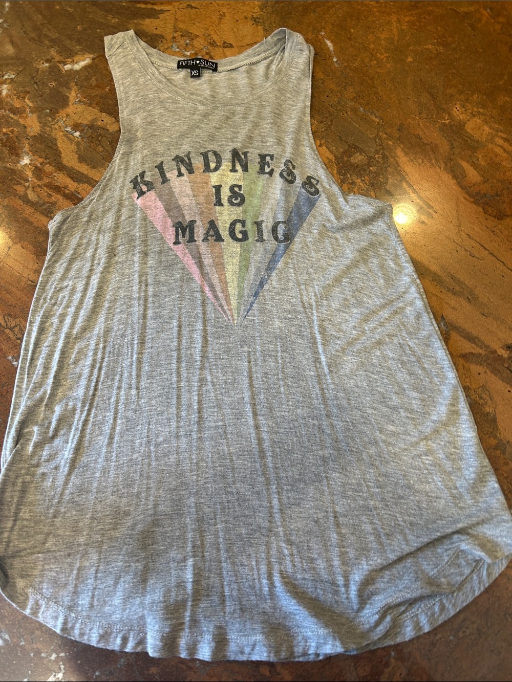 Fifth Sun Gray Tank Top with Pastel Rainbow "Kindness Is Magic" Graphic